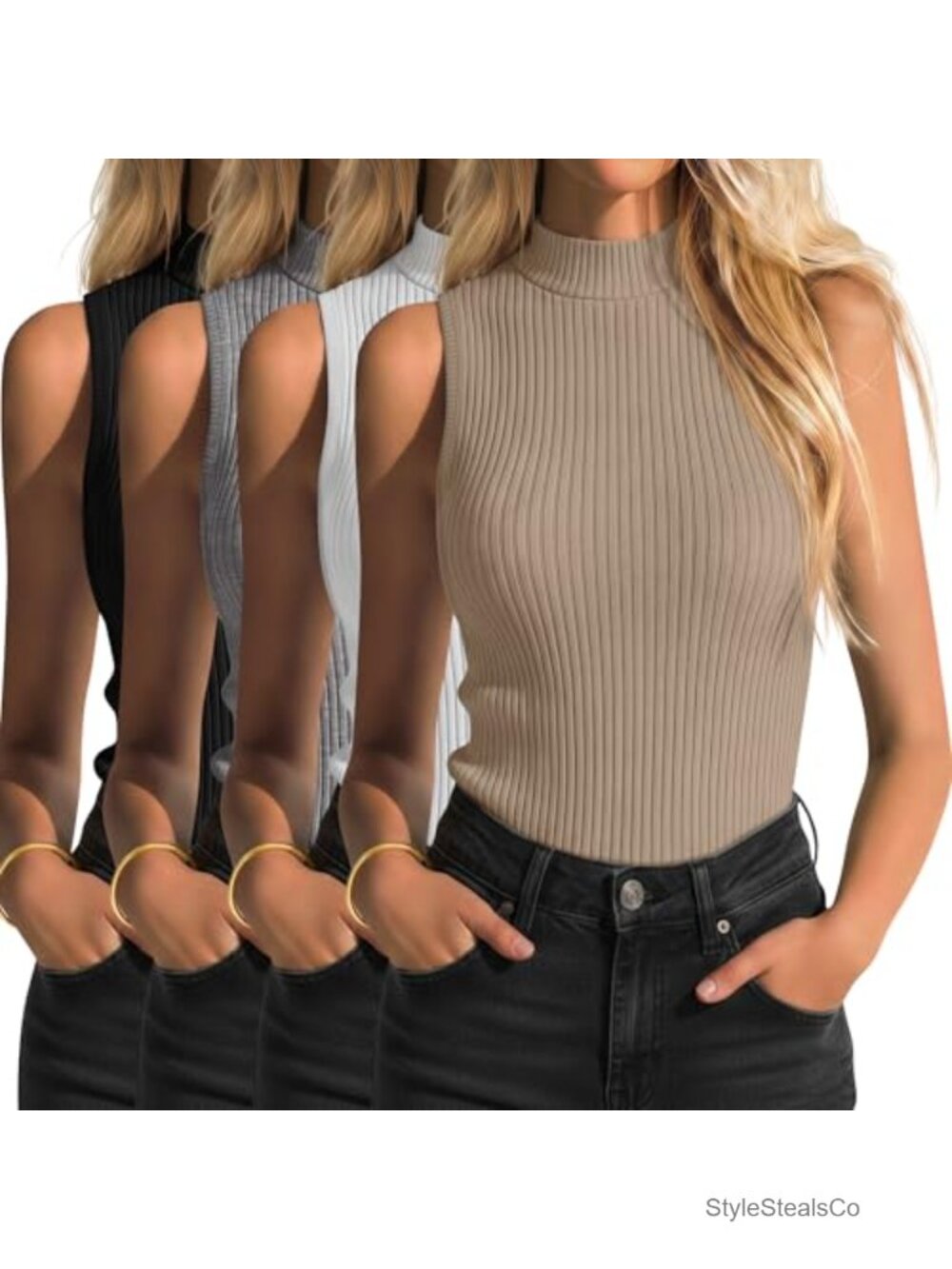 Sleeveless Turtleneck Tank Tops 4 Pack Rayon Spandex Ribbed Knit